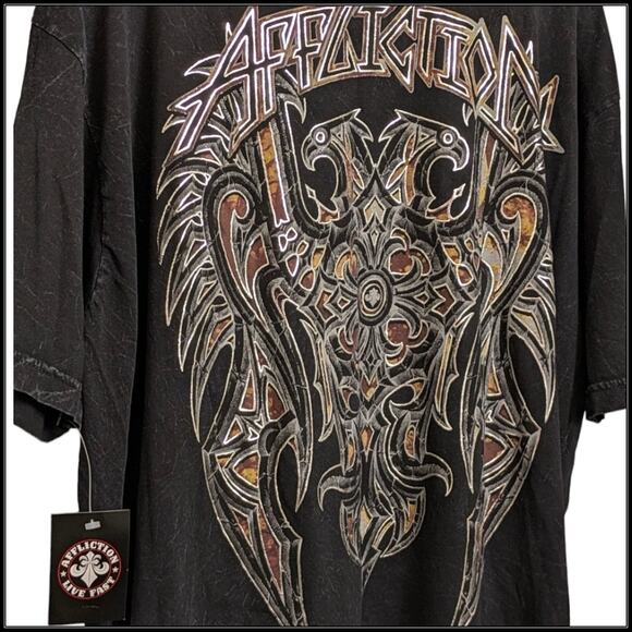 New AFFLICTION Resonance Double Eagle T-Shirt Black Lava Wash Gold Foil Men's 3X - Picture 3 of 7
